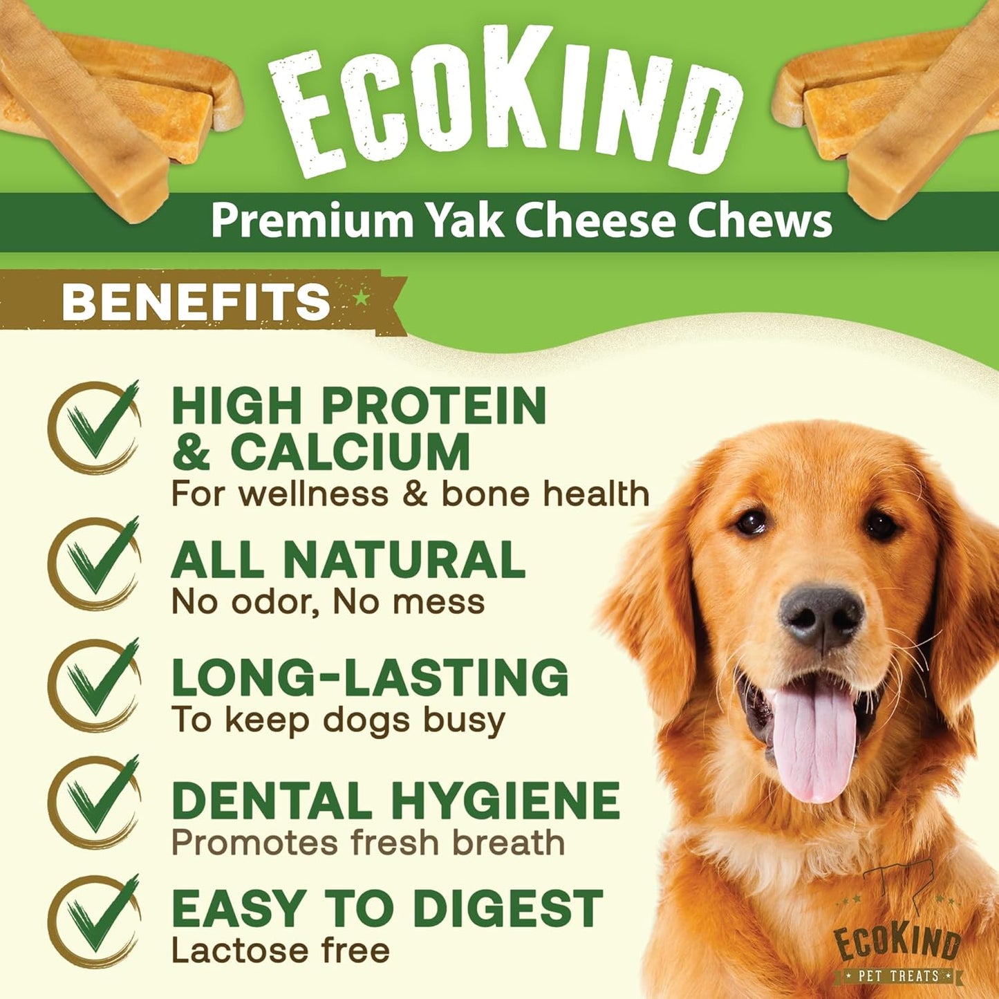 EcoKind Premium Gold Yak Cheese Himalayan Dog Chews, Healthy Dog Treats for Medium Dogs, All Natural, Long Lasting Dog Chew for Aggressive Chewers, High Protein Treat, Medium - 20+ Chews (3 lbs)