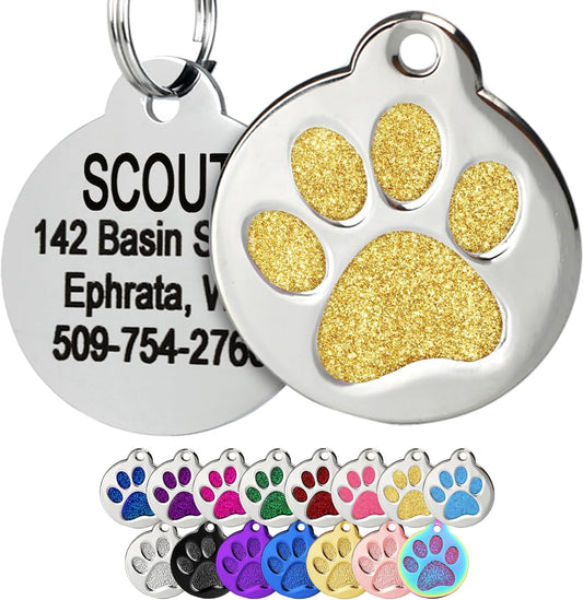 GoTags Paw Print Round Stainless Steel Pet Tag for Dogs and Cats, Personalized with 4 Lines of Custom Engraved ID Name and Number, in Stainless Steel and 15 Colors Small and Large, Glitter Gold