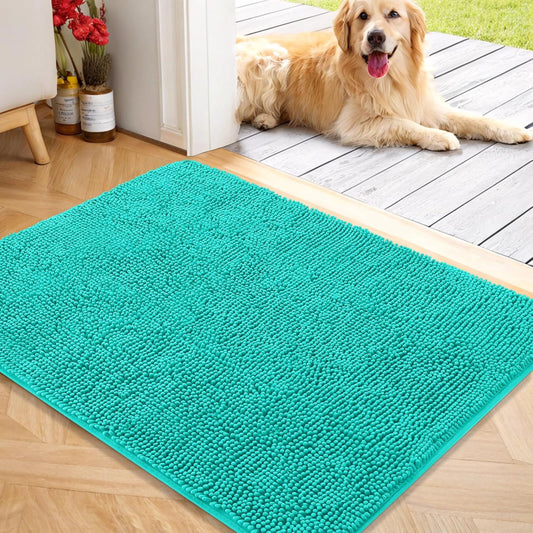 OLANLY Dog Door Mat for Muddy Paws 40x32, Absorbs Moisture and Dirt, Absorbent Non-Slip Washable Doormat, Quick Dry Chenille Mud Mat for Dogs, Entry Indoor Entryway Carpet for Inside Floor, Teal