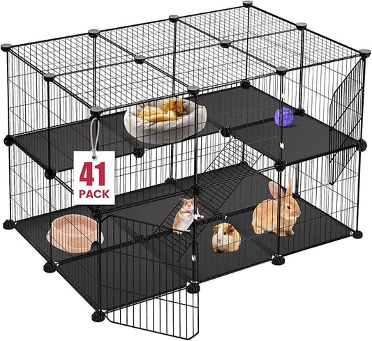 41 Panels Pet Playpen, 35.4" L x 23.6" W x 23.6" H Small Animal Playpen with 2 Doors, C&C Cage for Guinea Pigs,Rabbit,Bunny,Hedgehogs, Puppy Play Pen Indoor Outdoor, Two-Story Chicken Play Pen