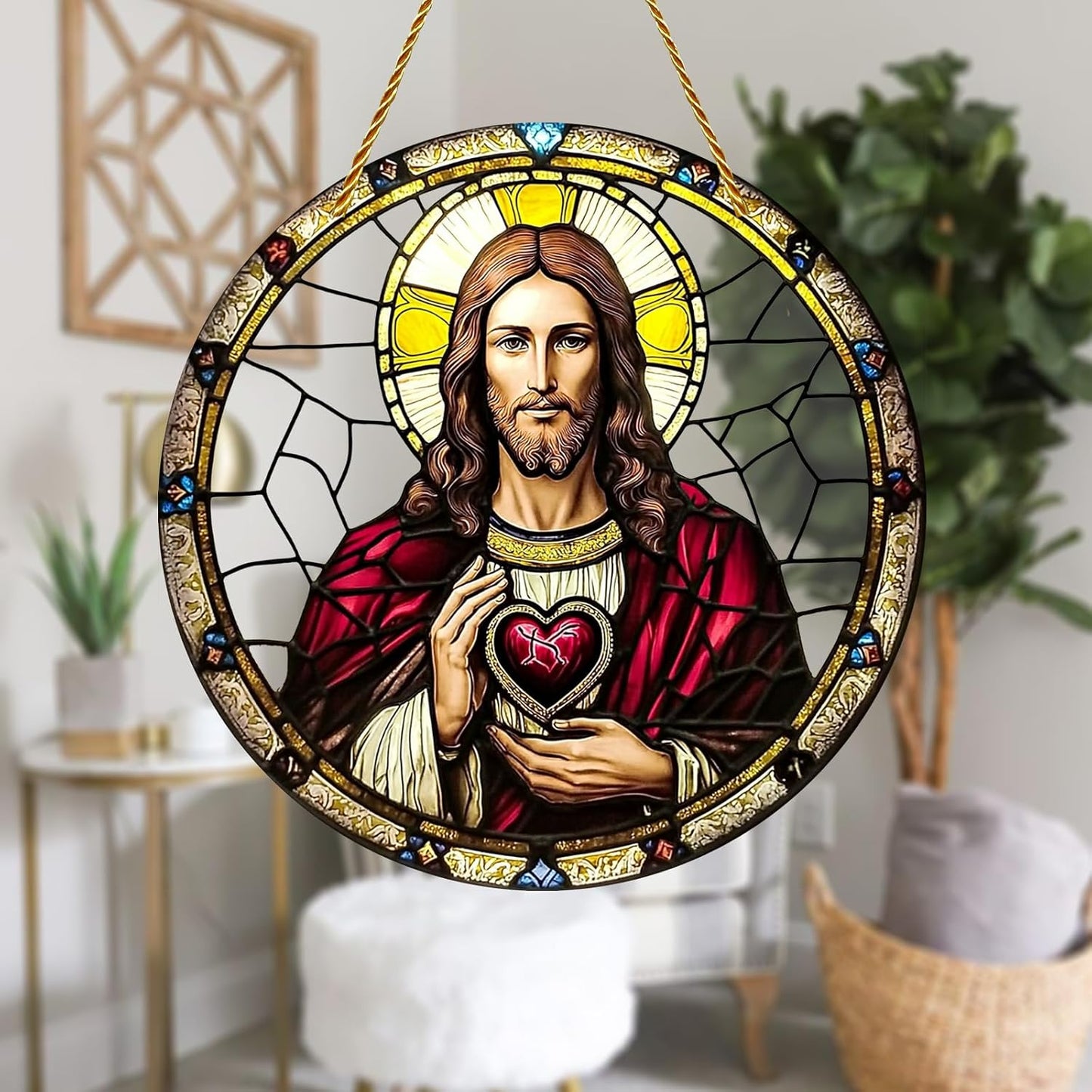 8x8 inch Charming Jesus Christ Acrylic Stained Glass Window Hanging Sun Catcher Decor Stained Panel Hangings Wall Art Decor, for Friends and Family (Jesus Christ)