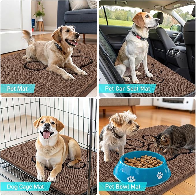 OLANLY Door Mat for Muddy Dog Paws 36x24, Ultra Absorbent Chenille Mud Doormat with Paw Print Design, Non-Slip Washable Doormat for Indoor Entryway, Quick-Dry Pet Bed Mats for Dirty Dogs, Mocha