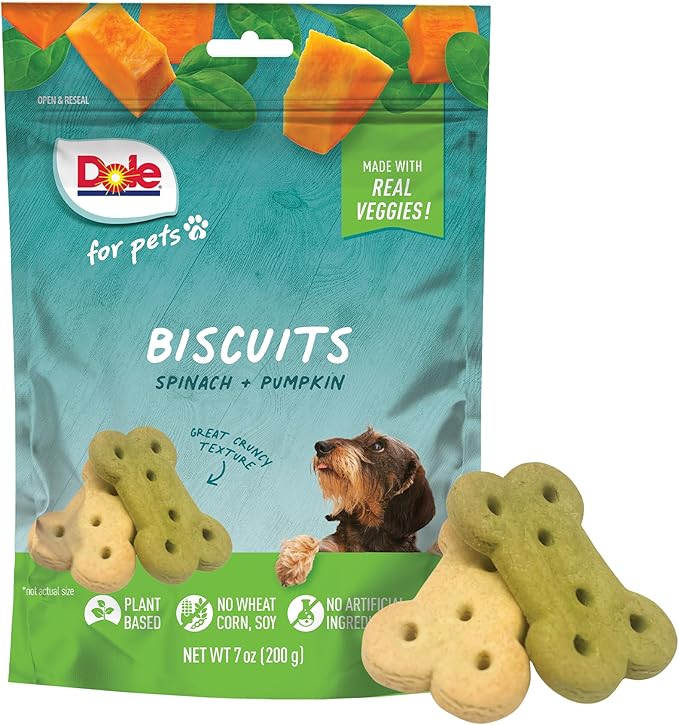 Dole for Pets Freshly Fetched Dog Biscuits, Spinach & Pumpkin Flavor Dog Treats, 7oz | Flavored with Real Veggies, No Wheat, Corn, Soy, Artificial Flavors, Colors, Preservatives, or Animal Products