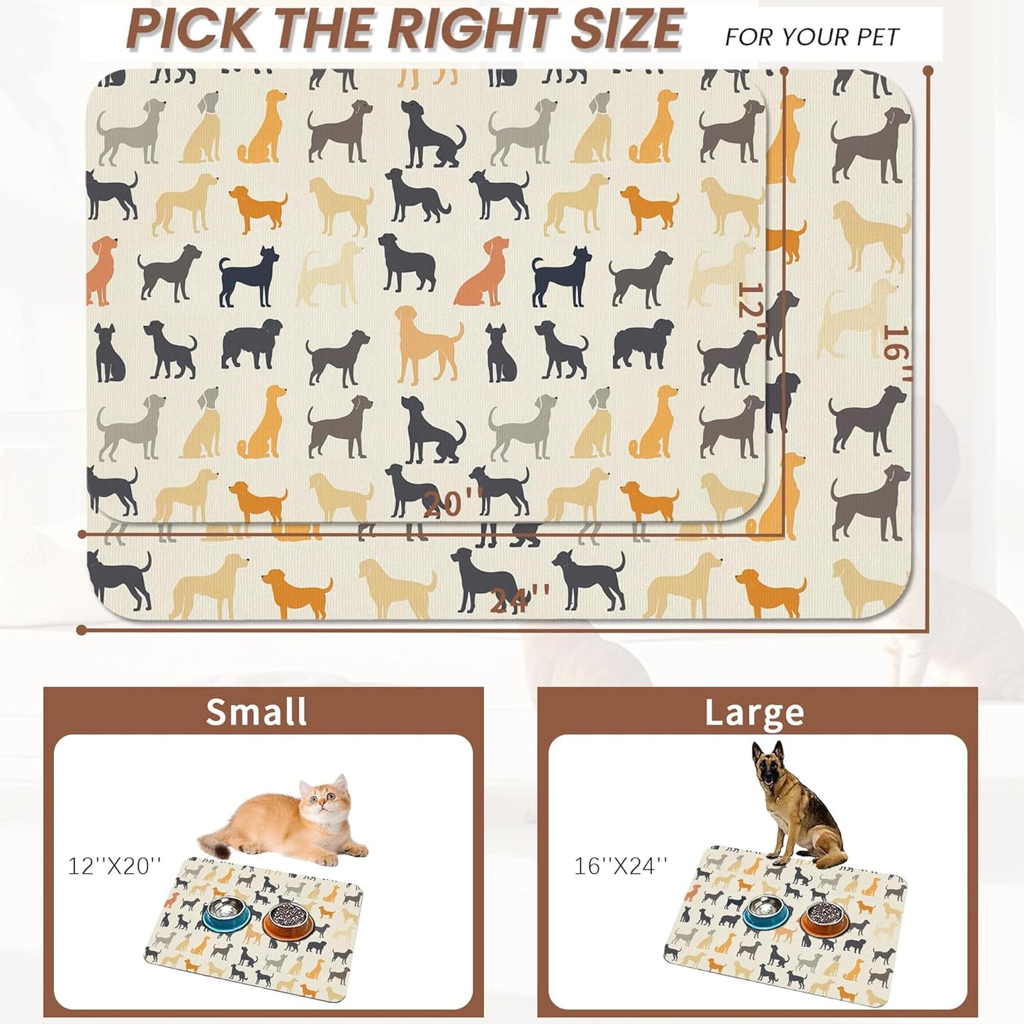 Cute Dog Cat Food Mat,Color Silhouette Absorbent Pet Feeding Mat with Rubber Backing,Non-Slip Water Bowl Placemat,Indoor Pet Accessories Supplies 12"x20"