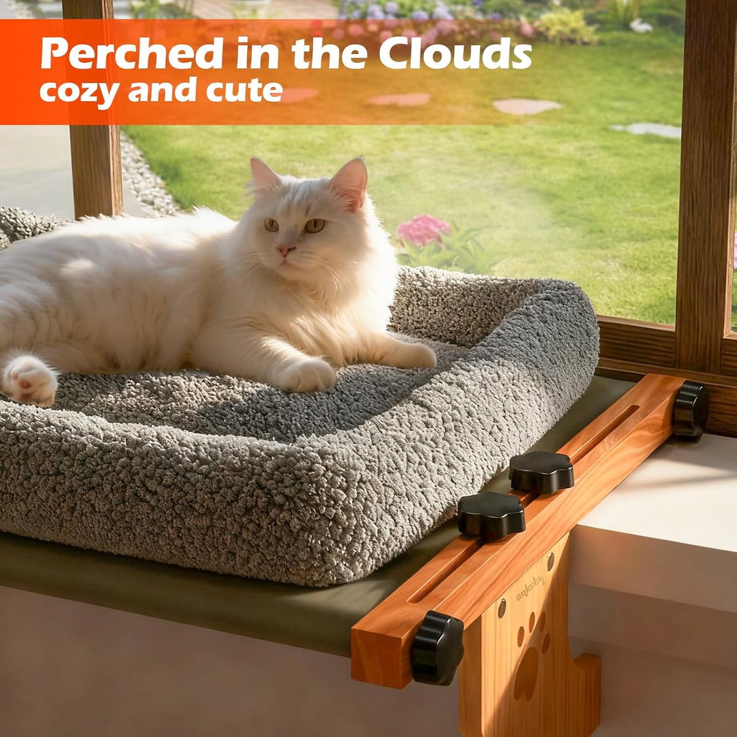 Cat Window Perch,Window Cat Bed for Large Cats with Sturdy Wooden Frame and Washable Bolster,Ideal for Pets to Sunbathe,Nap and Overlook,EZ to Adjust Cat Bed for Windowsill, Bedside,23.6x15IN(Gray,L)