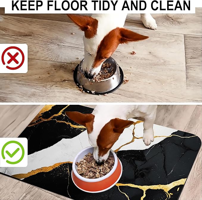 Black Gold Marble Dog Cat Food Mat-Absorbent Placemat for Food and Water Bowl, Waterproof Non Slip Rubber Backing Dog Food Mats for Floors, Pet Supplies 12 * 20 inch