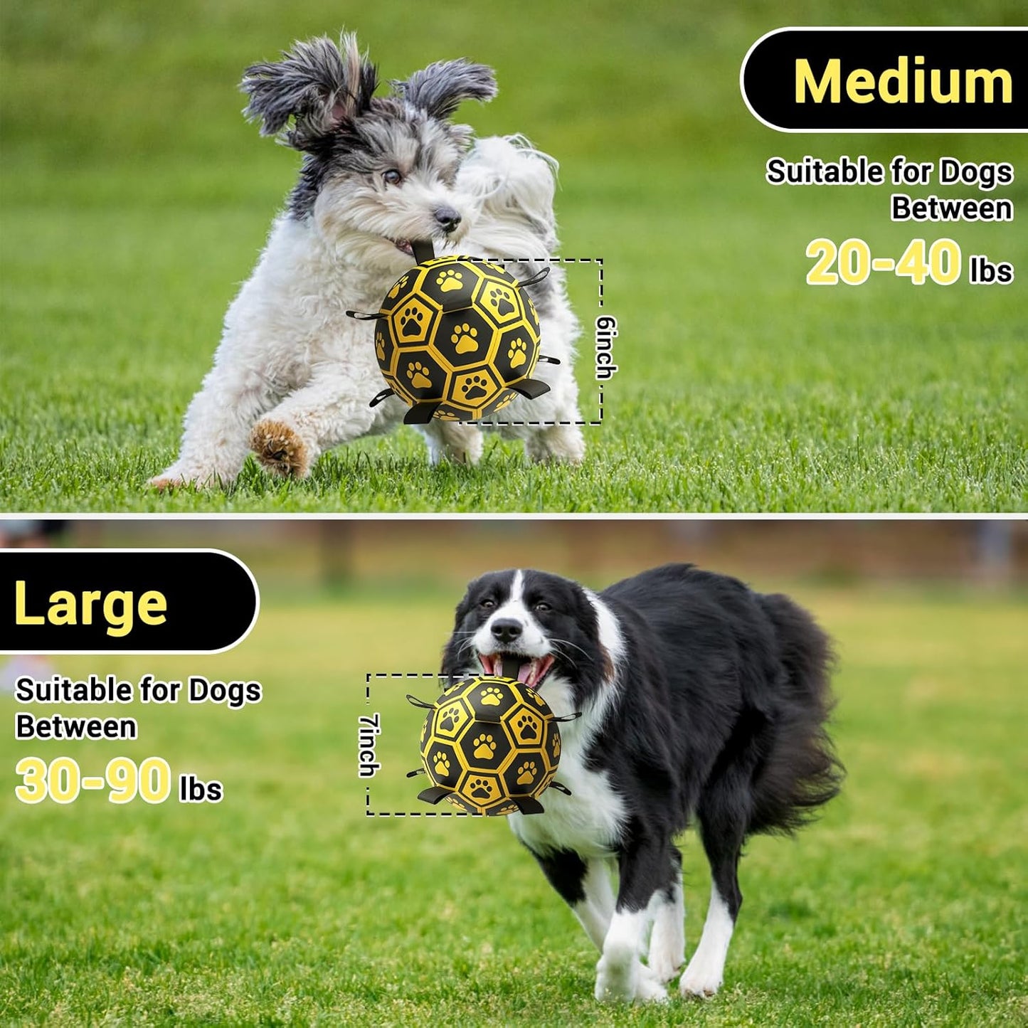 Diman Dog Balls Toys: Soccer Balls for Dogs with Straps, Outdoor Dog Toys, Waterpool Ball, Interactive, Training, Pet Birthday Gifts for Smll Medium Large (Black,Yellow)