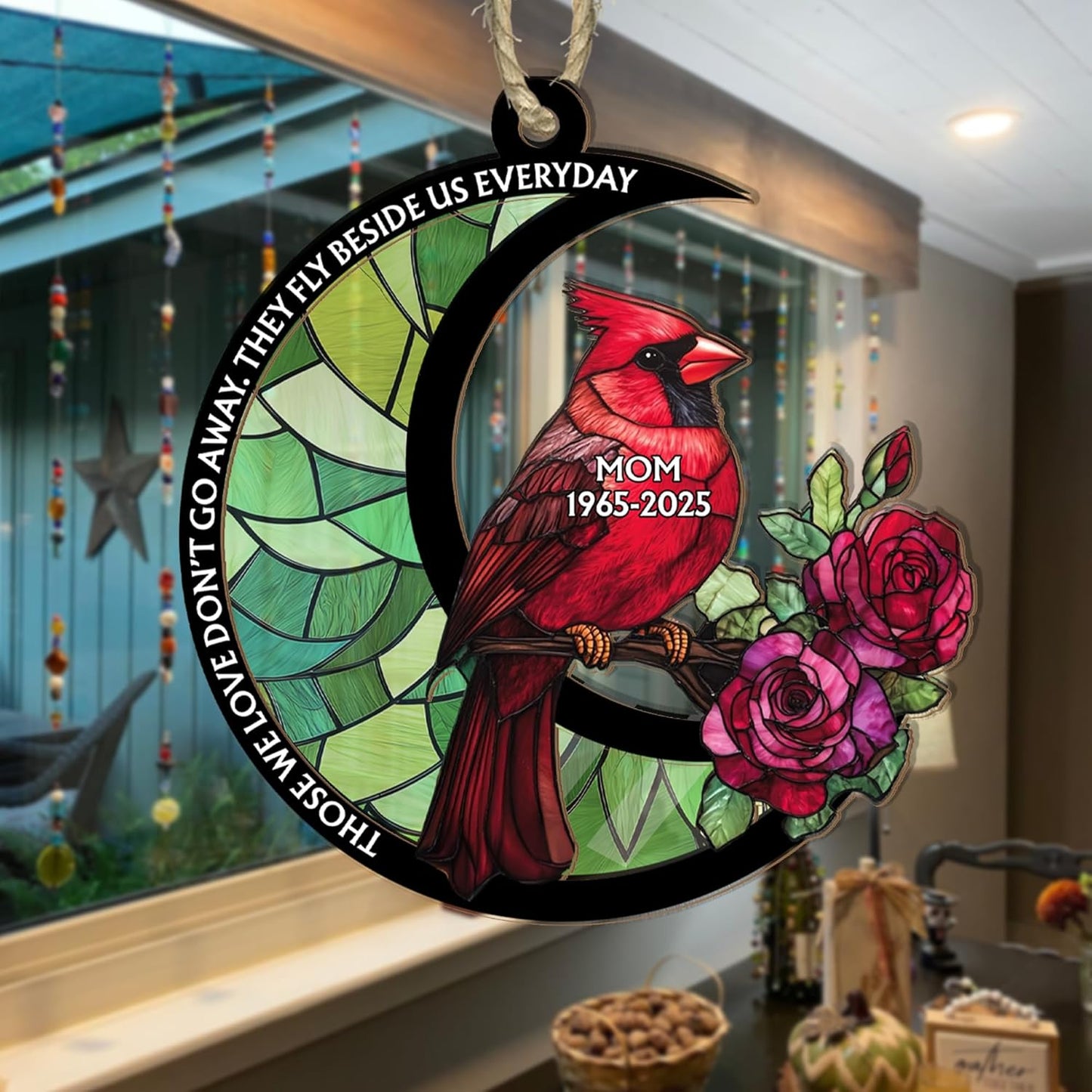Personalized Dad Mom Cardinal Suncatcher Ornament - Loving Memory, Remembrance Hanging Decor, Bereavement Condolence Gifts, Loss of Family Member Loved One, Those We Love Don't Go Away Ornaments