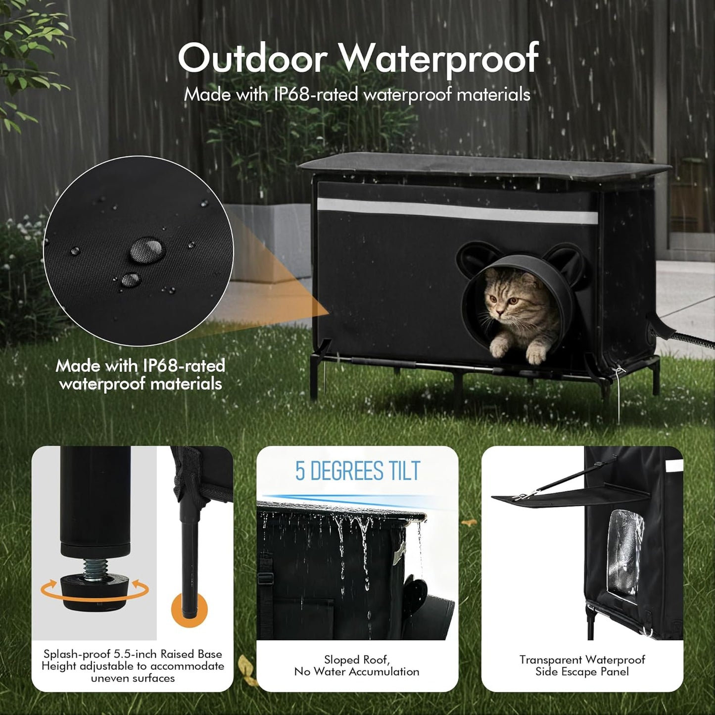 Heated Outdoor cat House for Outside, Weatherproof Insulated Feral Cat Shelter with Timer-Temp Control Heating Pad in Winter, Large Elevated Outdoor Cat House with Zipper, 2 Doors, Safety- Black