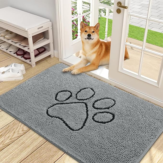 OLANLY Door Mat for Muddy Dog Paws 48x30, Ultra Absorbent Chenille Mud Doormat with Paw Print Design, Non-Slip Washable Doormat for Indoor Entryway, Quick-Dry Pet Bed Mats for Dirty Dogs, Grey