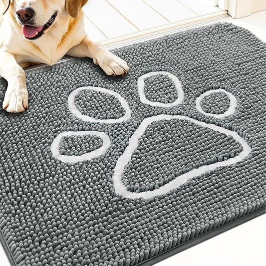 OLANLY Door Mat for Muddy Dog Paws 30x20, Absorbent Chenille Mud Doormat with Paw Print Design, Non-Slip Washable Doormat for Indoor Entryway, Quick-Dry Pet Bed Mats for Dirty Dogs, Grey and White