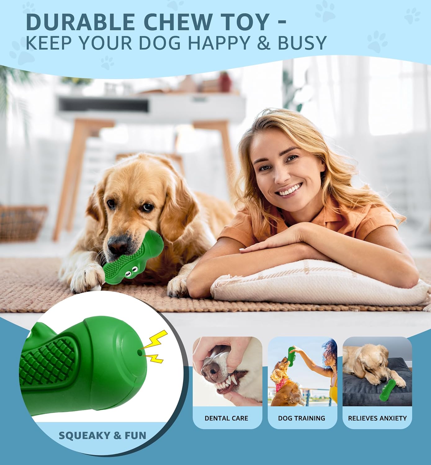 Durable Dog Chew Toy for Aggressive Chewers, Tough Natural Rubber Squeaky Dog Toy with Irresistible Beef Flavor, Dental Care, Teeth Cleaning & Boredom Relief for Medium & Large Dogs (Green)
