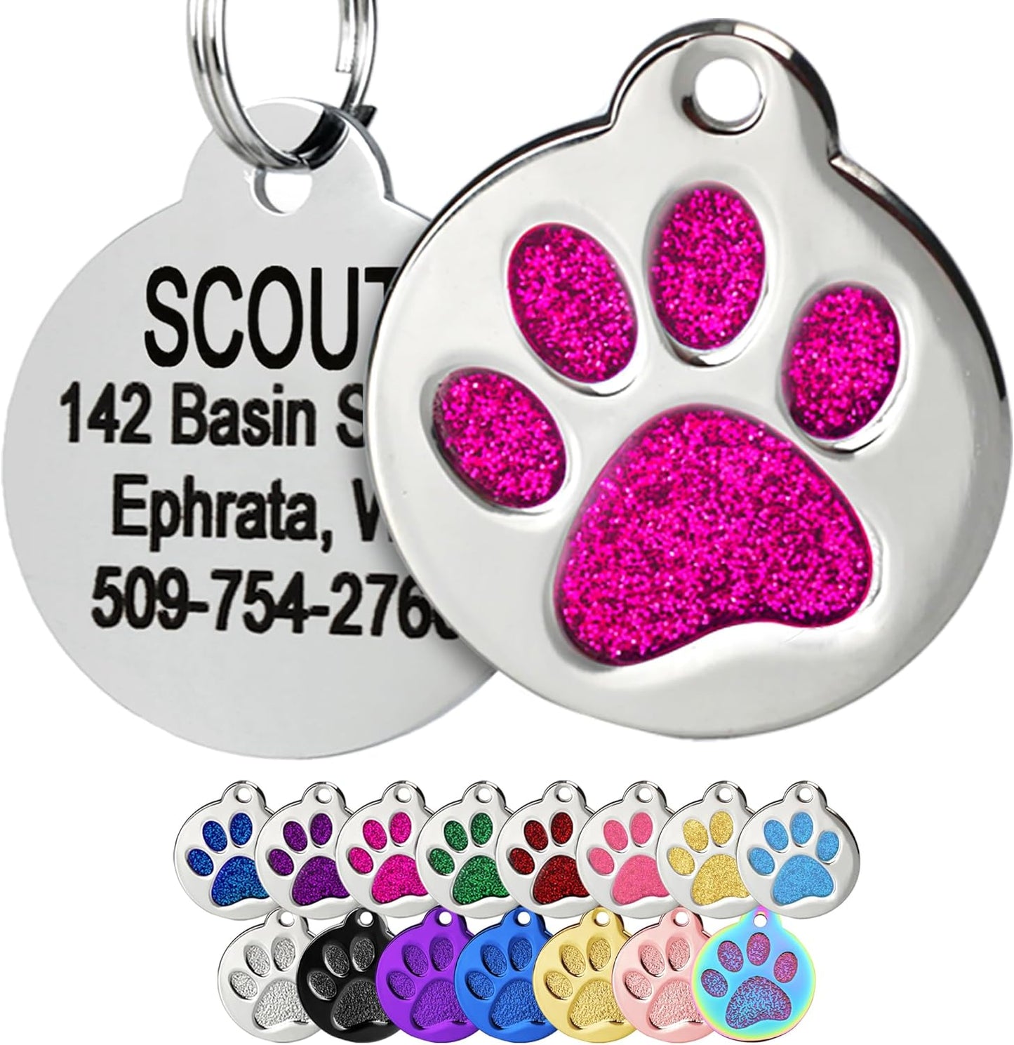 GoTags Paw Print Round Stainless Steel Pet Tag for Dogs and Cats, Personalized with 4 Lines of Custom Engraved ID Name and Number, in Stainless Steel and 15 Colors Small and Large, Glitter Pink