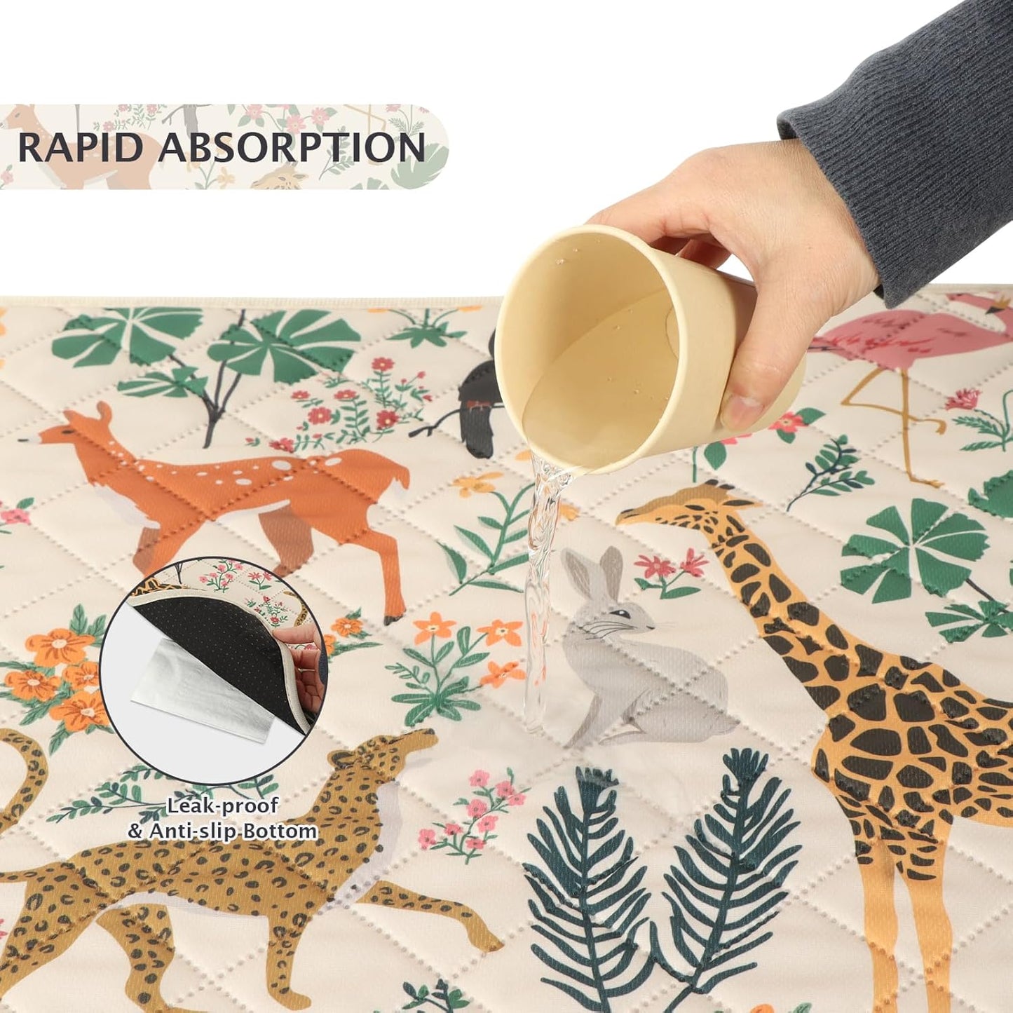 IEUUMLER Washable Pee Pads for Dogs, 1 Pack Forest Pattern Reusable Waterproof Puppy Pads, Non-Slip Super Absorbent Dog Training Pad for Playpen Crate Bed EU013 Beige Jungle, 63x63