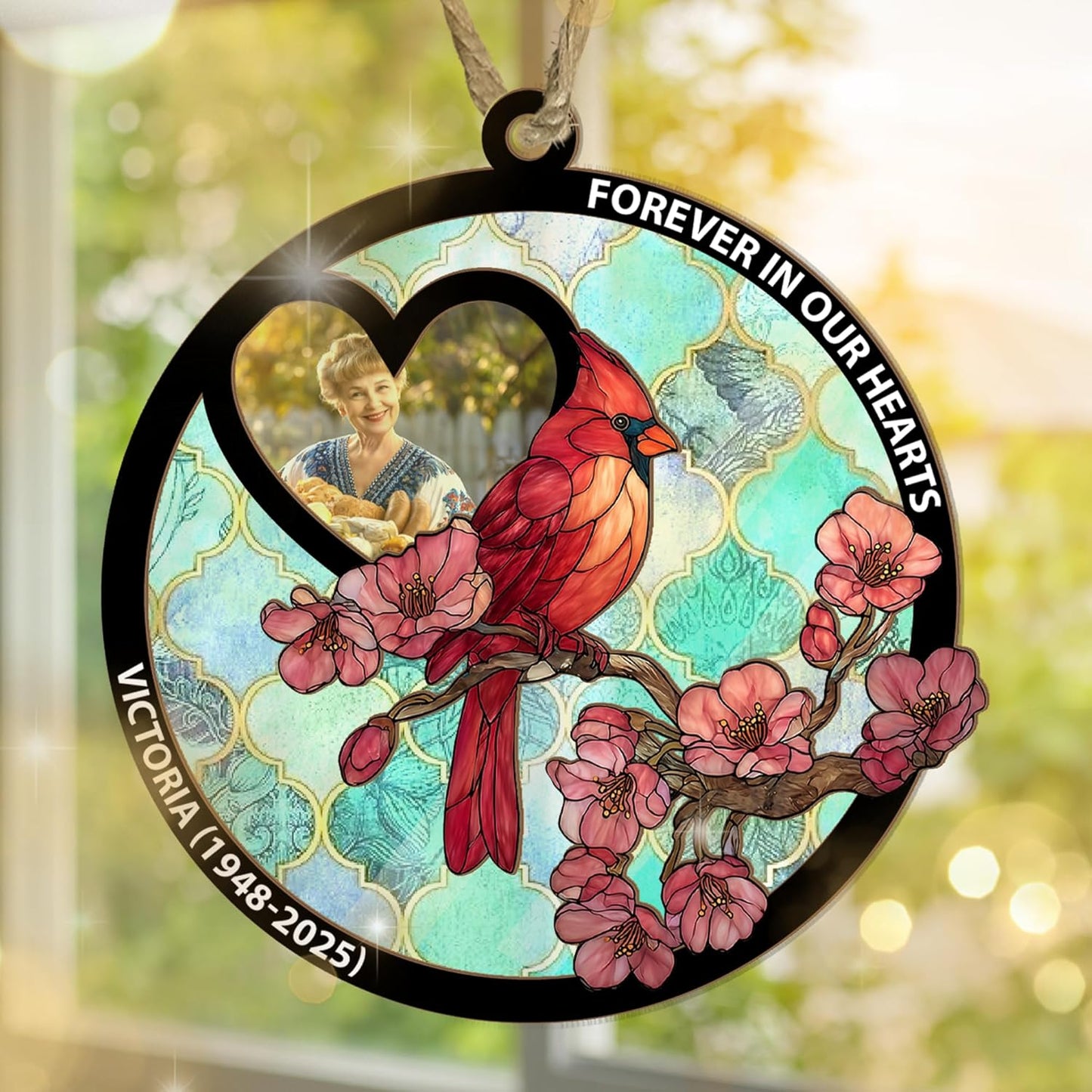 Personalized Cardinal Window Suncatcher Memorial Ornament – Custom Photo Remembrance Gift with Cherry Blossoms, “I’m Always with You” Quote – Cardinal Suncatchers for Windows, Car Mirror, or Display