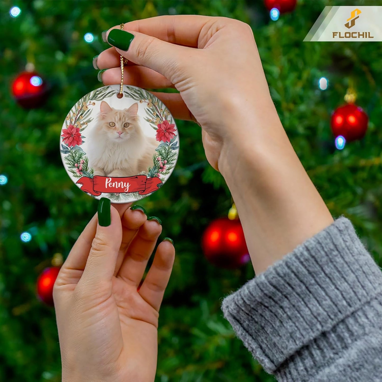 FLOCHIL Personalized Cat Christmas Ornaments Custom Photo Name for Christmas Trees, Cat First Christmas Ornaments, Gifts for Pet Lovers