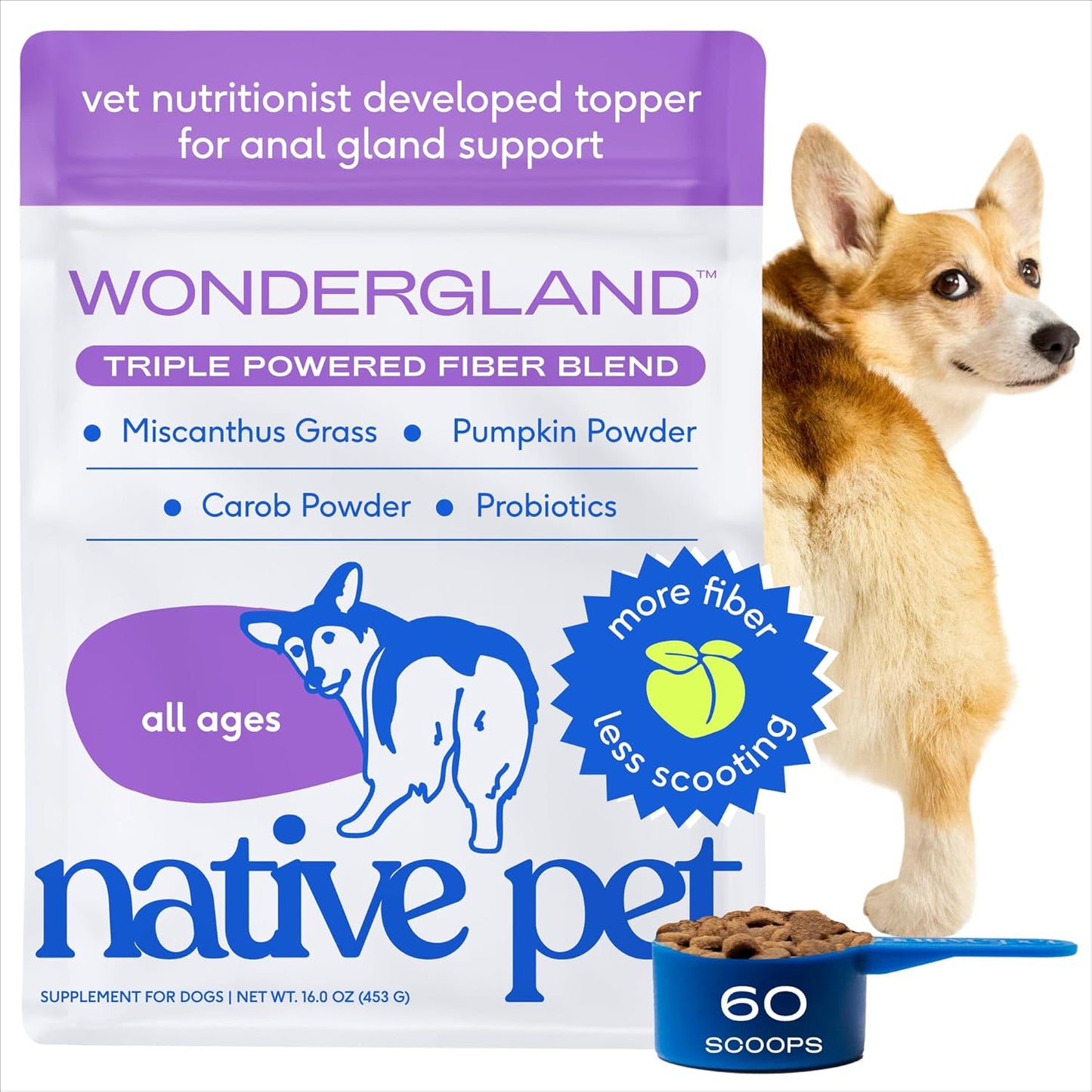 Native Pet WonderGland - Dog Anal Gland Treatment Using Fiber for Dogs - Prevents Scooting for Dogs Anal Gland Supplement Including Dog Gut Health Probiotics for Anal Gland Support - 60 Scoops