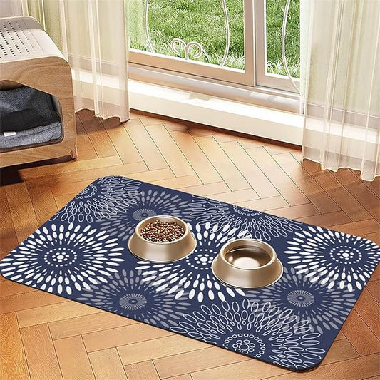 Quick-Dry Absorbent Dog Food Mat 12x18 Inch Retro Modern Geometric Aesthetic Non-Slip Pet Cat Feeding Mat with Waterproof Backing Training Mat for Pets（Blue）