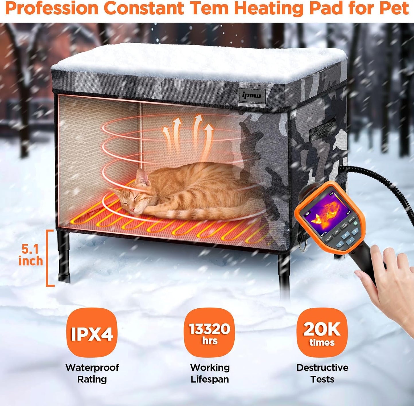 IPOW Extra Large Heated Cat House for Outside 6 Layers Ultra Sturdy Cat Houses for Outdoor Cats, 100% Waterproof with 900D Oxford Fabric & Fully Insulated Weatherproof Heated Plush Pad