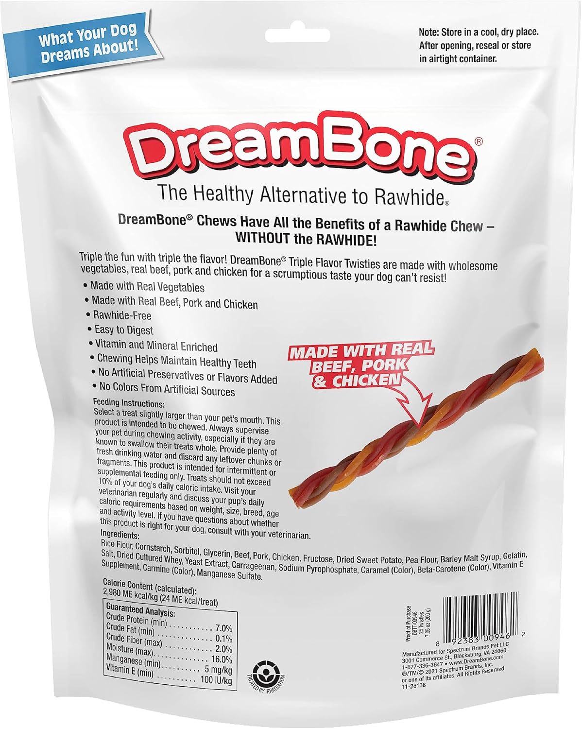 Dreambone Triple Flavor Twisties, 25 Count, Rawhide-Free Dog Chews Made with Real Beef, Pork & Chicken, 7.05 Ounce (Pack of 1)