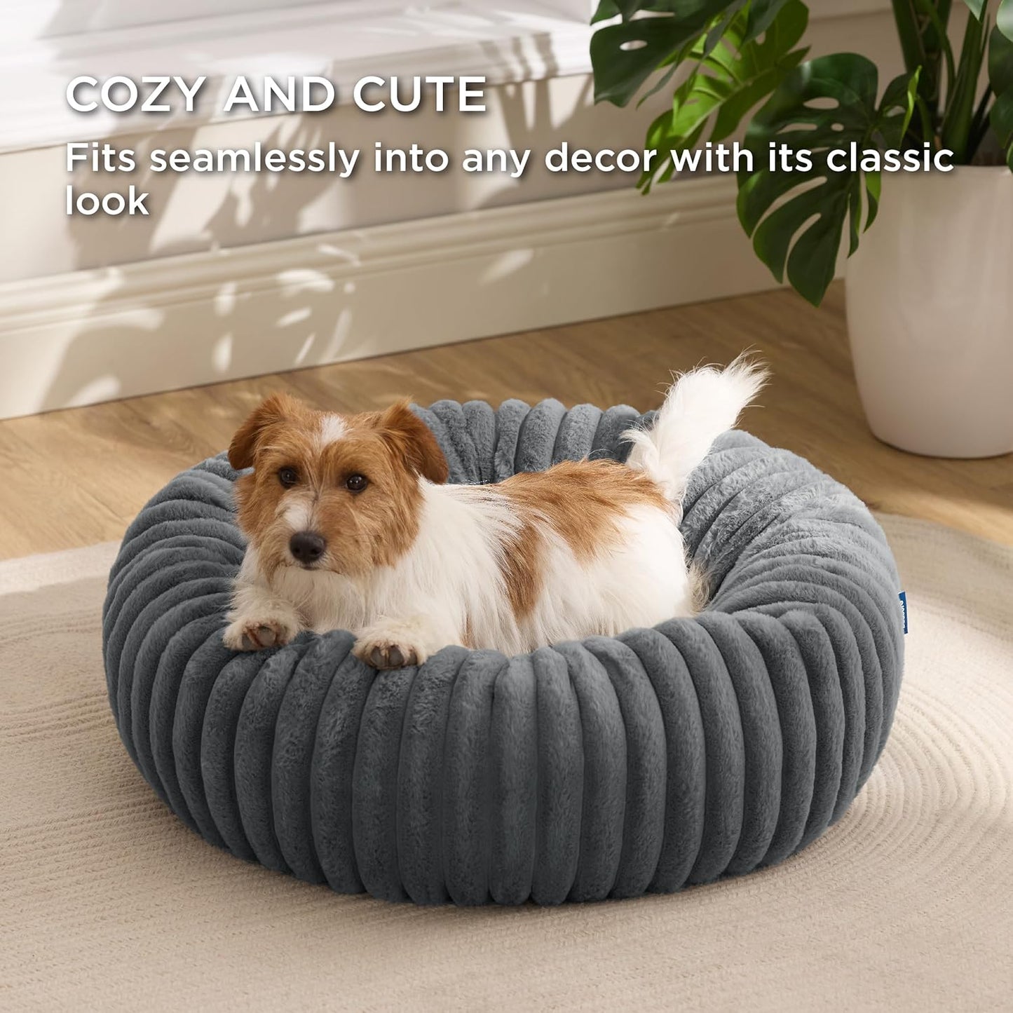 Bedsure Donut Small Dog Bed - Dog Beds for Small Dogs with Corduroy Fleece & Anti Slip Bottom, Round Faux Fur Pet Beds with Washable Removable Cover, Warm Grey, 27x27x8 inches