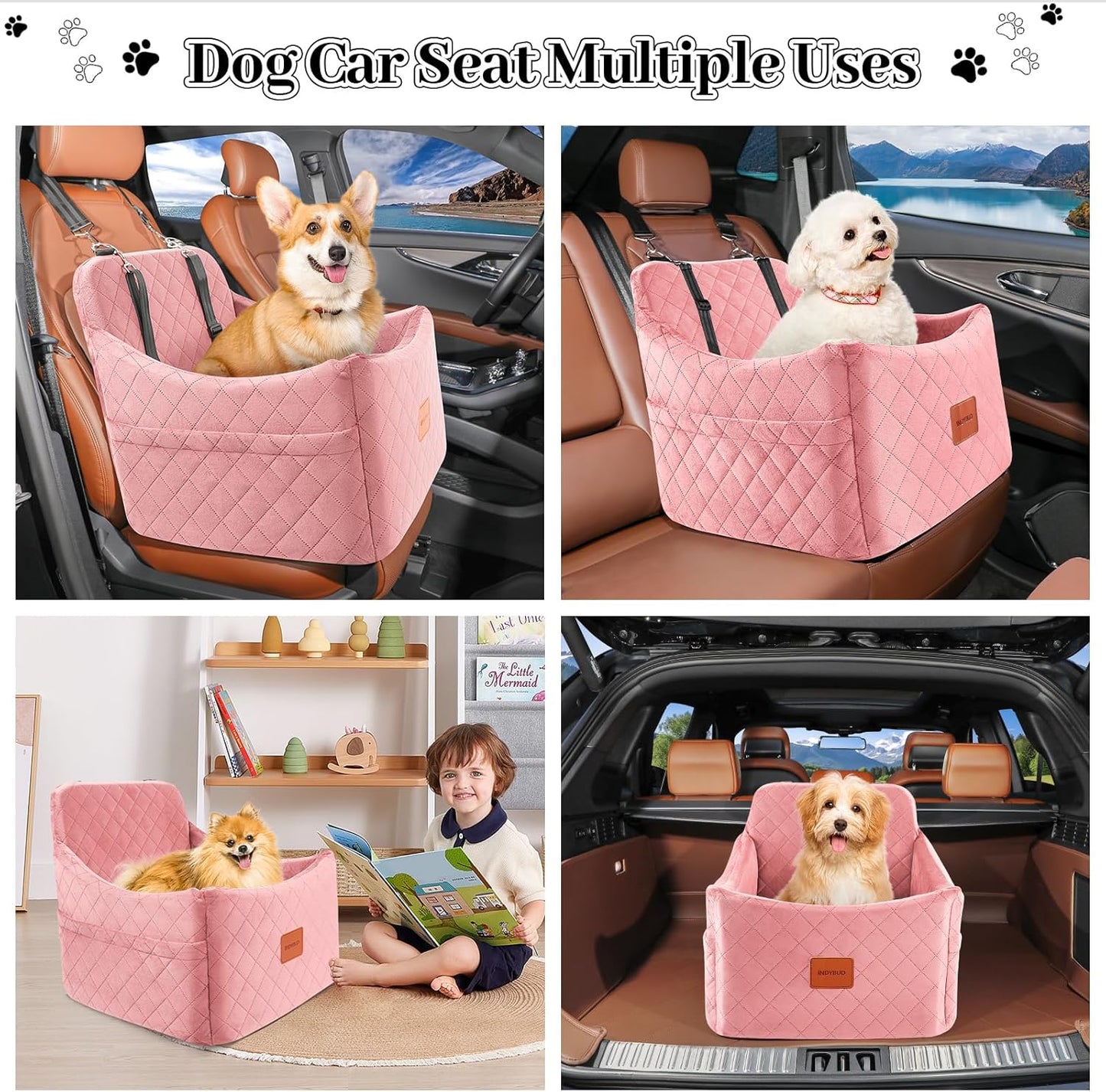 Dog Booster Car Seat for Dogs up to 35lbs, Safety Pet Car Seats with Anti-Slip Bottom, Travel Booster Dog Bed with 2 Storage Pockets (Pink, Medium)
