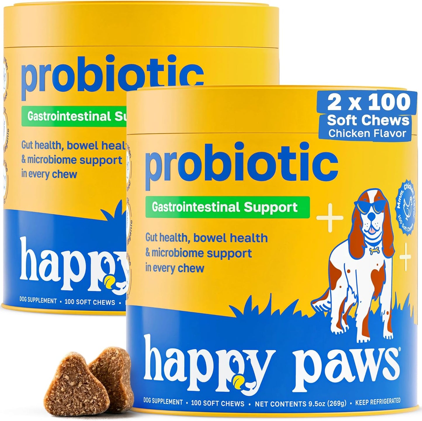 Happy Paws Probiotic Supplement for Dogs, Gut, Skin, Coat & Immune Support for All Breeds & Ages, Made with Coconut Oil & Vitamin E, Vegan Chicken Flavor, Organic, Non GMO, 100 Soft Chews