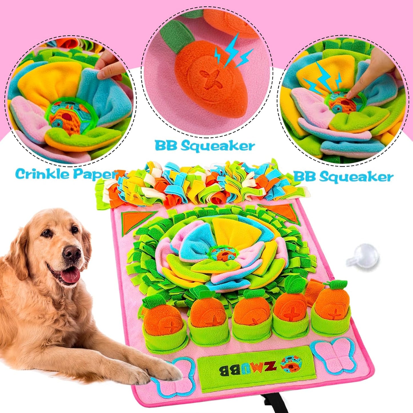 Pet Snuffle Mat for Dogs Sniff Mat Nosework Feeding Mat Slow Feeder Interactive Dog Puzzle Toys for Training and Stress Relief Encourages Natural Foraging Skills (31''x19''（Pink）)