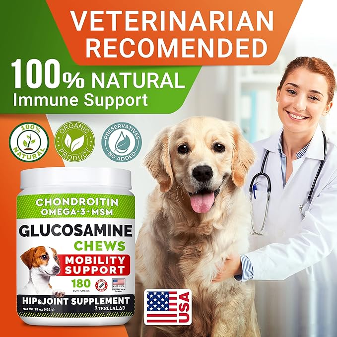 STRELLALAB Glucosamine Treats for Dogs - Joint Supplement w/Omega-3 Fish Oil - Chondroitin, MSM - Advanced Mobility Chews - Joint Pain Relief - Hip & Joint Care - Bacon Flavor - 180 Ct - Made in USA