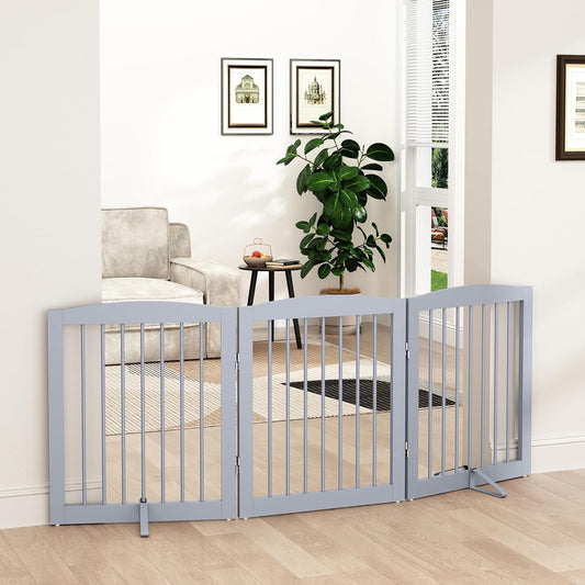 Freestanding Pet Gate for Dogs, Foldable Wooden Dog Gate for House, Indoor Dog Gate for Doorways, Stairs, Gates for Dogs Indoor, Support Feet Included, 24" Height 3 Panels, Grey