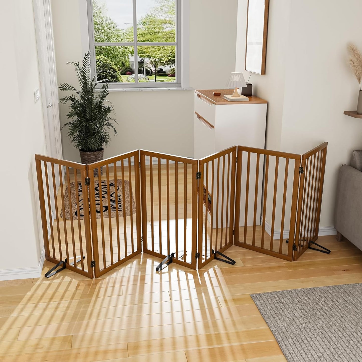 Dog Gate 32" Tall Foldable Dog Gate for Doorways Freestanding Pet Gate for Dogs Indoor (Walnut,6 Panel)