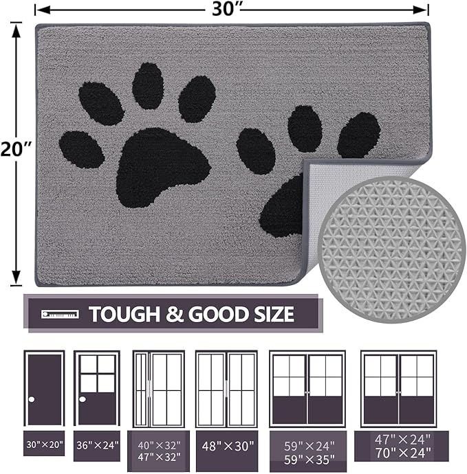 Buganda Dog Door Mat for Muddy Paws, Absorbent Dirt Trapper Washable Indoor Doormats, Non Slip Low-Profile Mud Mat for Dogs, Front Entrance Doormat for Inside Floor (70x24 Inches, Grey)