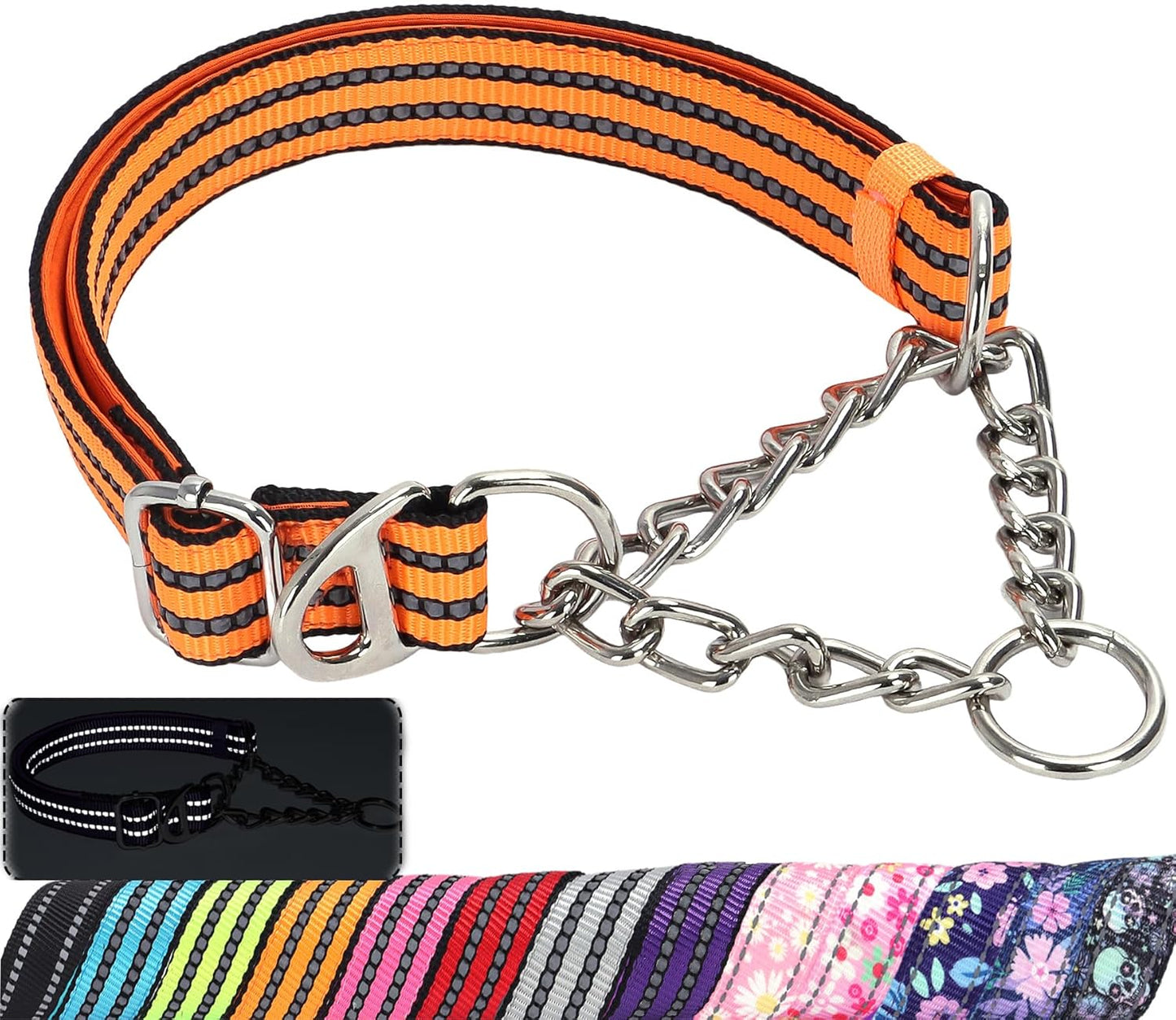 Martingale Collar for Dogs with Soft Padded,Trainer Approved Limited Slip Collar with Steel Chain,Reflective Adjustable Choke Dog Collar for Training, Walking, Hunting (Orange M)