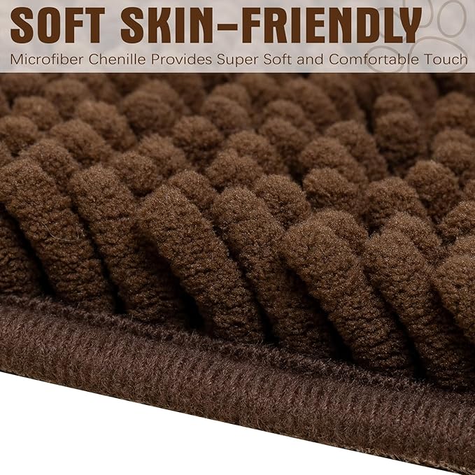 EXPAWLORER Dog Door Mat for Muddy Paws - Highly Absorbent Microfiber Rug, Soft Chenille Runner Indoor Outdoor Floor, Non-Slip Large Pet Paw Cleaning Washable Mud Mat for Bathroom, Brown