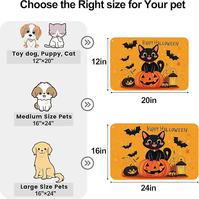 Happy Halloween Cat Pet Feeding Mat for Floors-Absorbent Dog Bowl Mat for Food and Water, Quick Dry Pet Cat Feeding Mats with Non Slip Bottom, Mess-Free Dog Accessories 12"x20"
