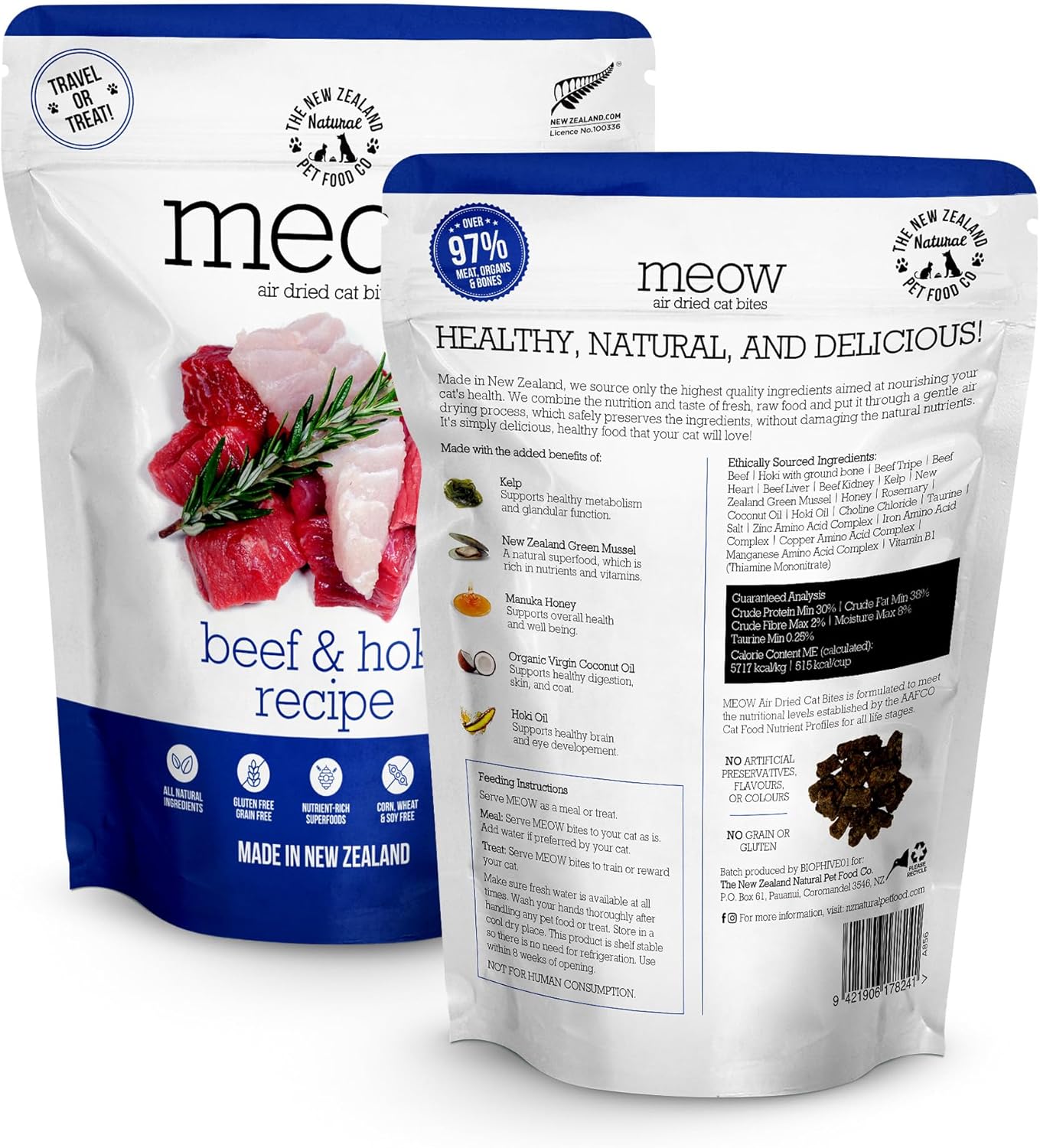 The New Zealand Natural Pet Food Co Meow Air Dried Cat Food - Beef & Hoki Recipe,High Protein Dry Cat Food, Training Treats, Meals & Toppers,3.5oz