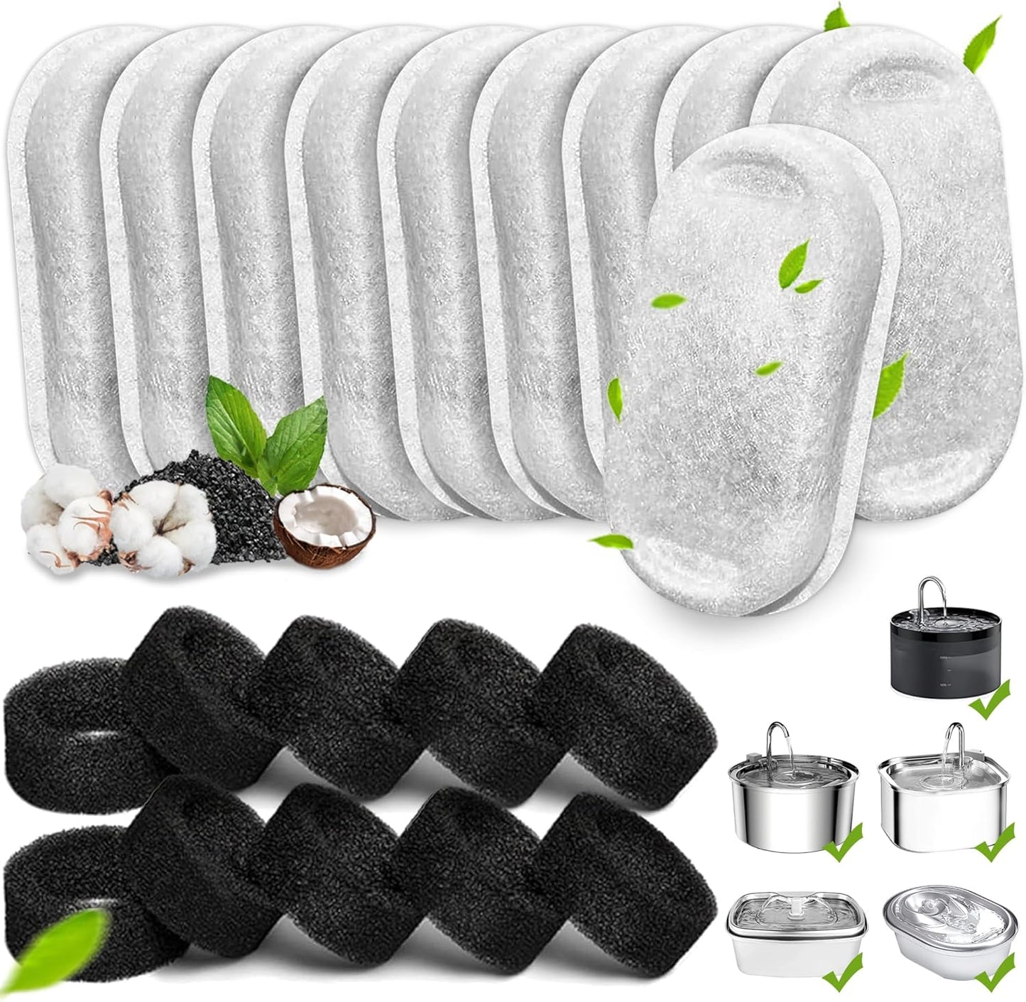 Cat Water Fountain Filters, 20Pack Cat Fountain Replacement Filters for Stainless Steel 108oz/3.2L& 67oz/2L adjustable Water Flow Pet Water Fountain,Dog Water Fountain Filters（10 Filters& 10 Sponges)