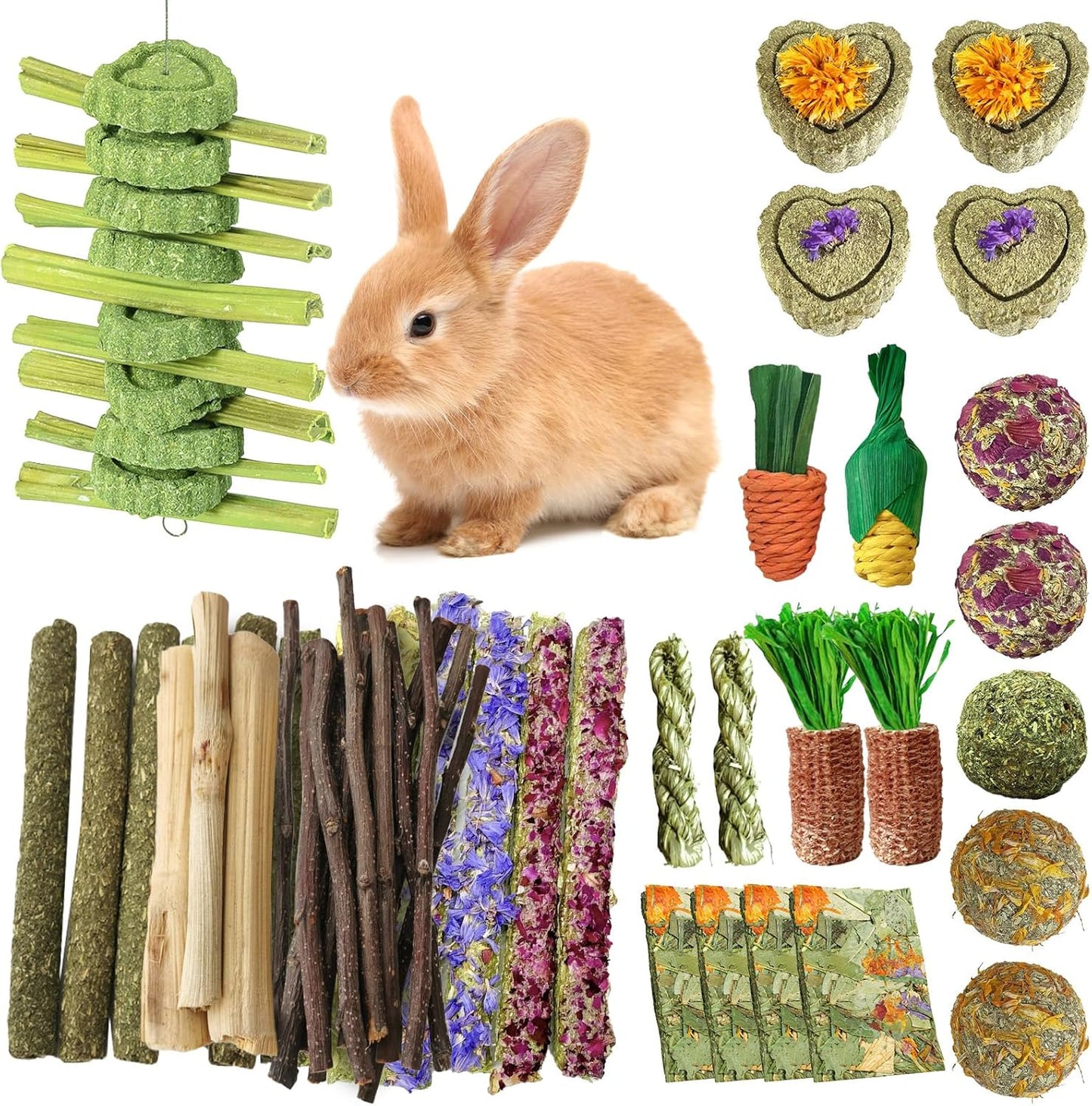 53pcs Rabbit Chew,Rabbit Enrichment Toys from Various Natural Ingredients Such as Apple Wood, Carrots, and Timothy Grass, Suitable for Small Pets Such as Hamsters Totor Guinea Pigs (Part D)