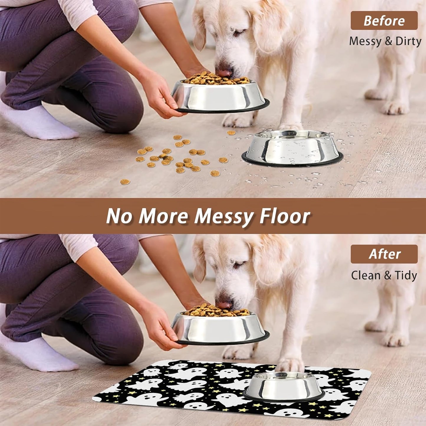 Halloween Pet Feeding Mat,Ghosts Absorbent Quick-Dry Cat Dog Food and Water Bowl Mats,Non-Slip Rubber Backing Mat,Cat Dog Accessories Supplies 12"x20"