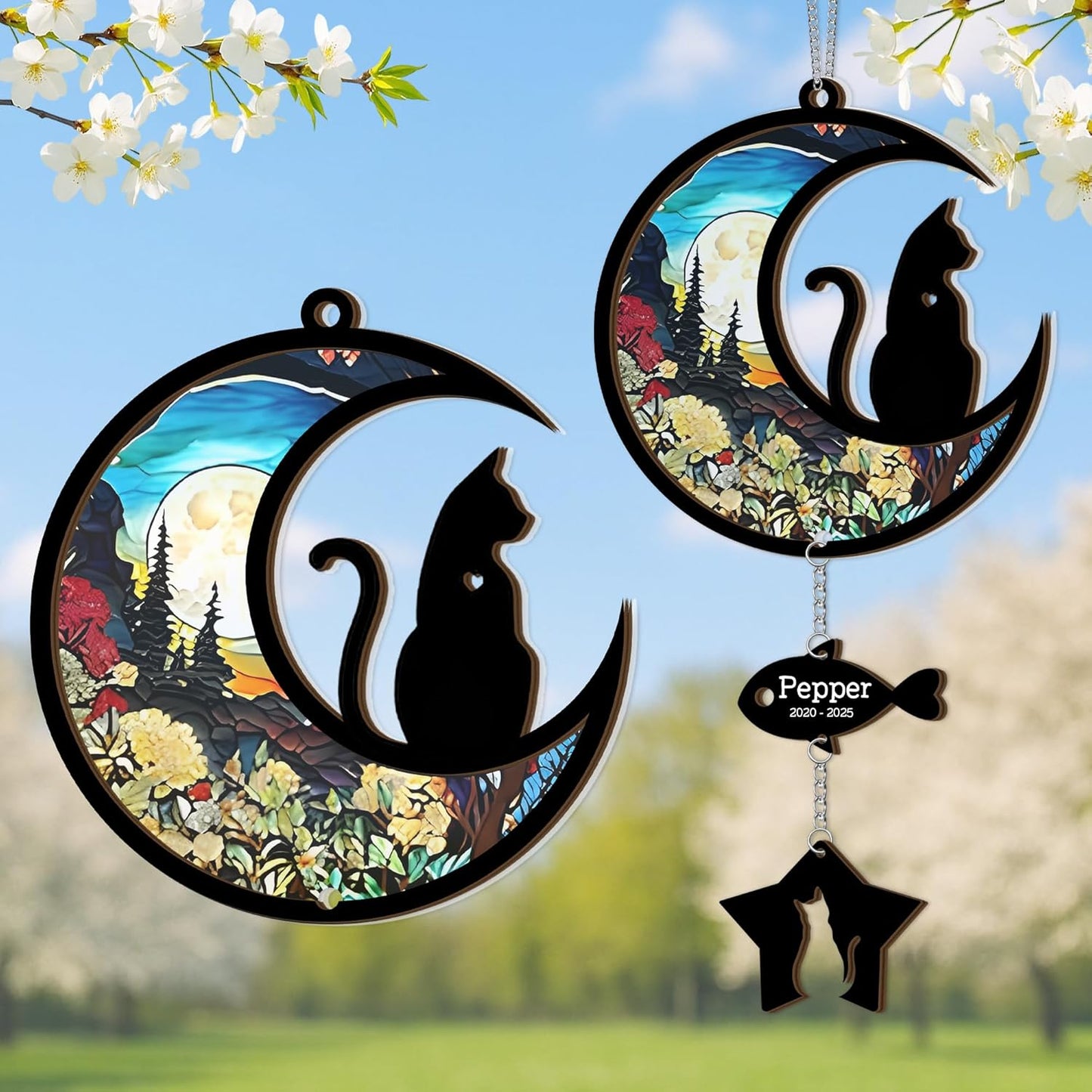 Moon Shape Stained Glass Cat Suncatcher | Customized Pet Memorial Suncatcher with Photo & with Charms | Personalized Memorial Gifts for Pet Lovers | Best Gifts for Your Beloved Cat Passed Away