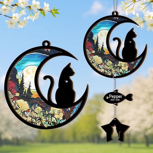 Moon Shape Stained Glass Cat Suncatcher | Customized Pet Memorial Suncatcher with Photo & with Charms | Personalized Memorial Gifts for Pet Lovers | Best Gifts for Your Beloved Cat Passed Away