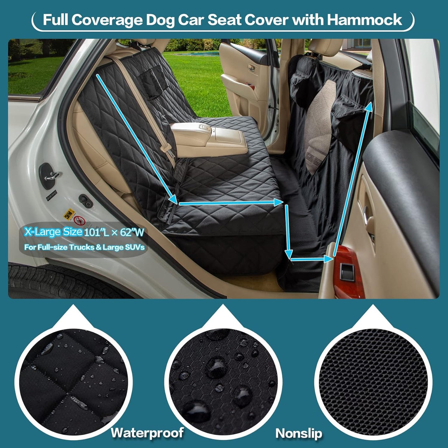 Car Seat Cover for Dogs - All Covered Back Bench Cover with Mesh Window - Hammock Combination - Detachable - Suitable for Most Vehicles (Black, X-Large)