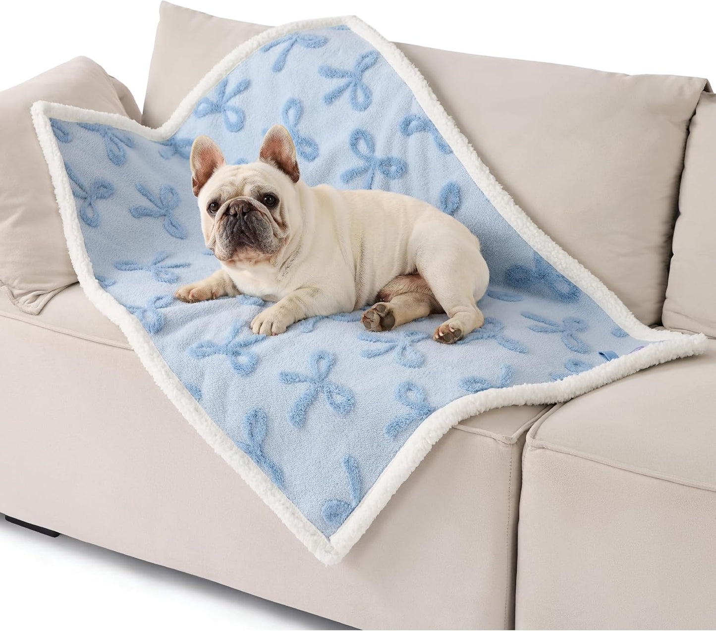 Lesure Waterproof Puppy Blanket for Medium Dogs - Washable Double Sided Dog Blankets with Warm Jacquard Shag and Soft Sherpa Fleece, Pet Cat Blanket for Couch Protection, Bow Design，Ice Blue