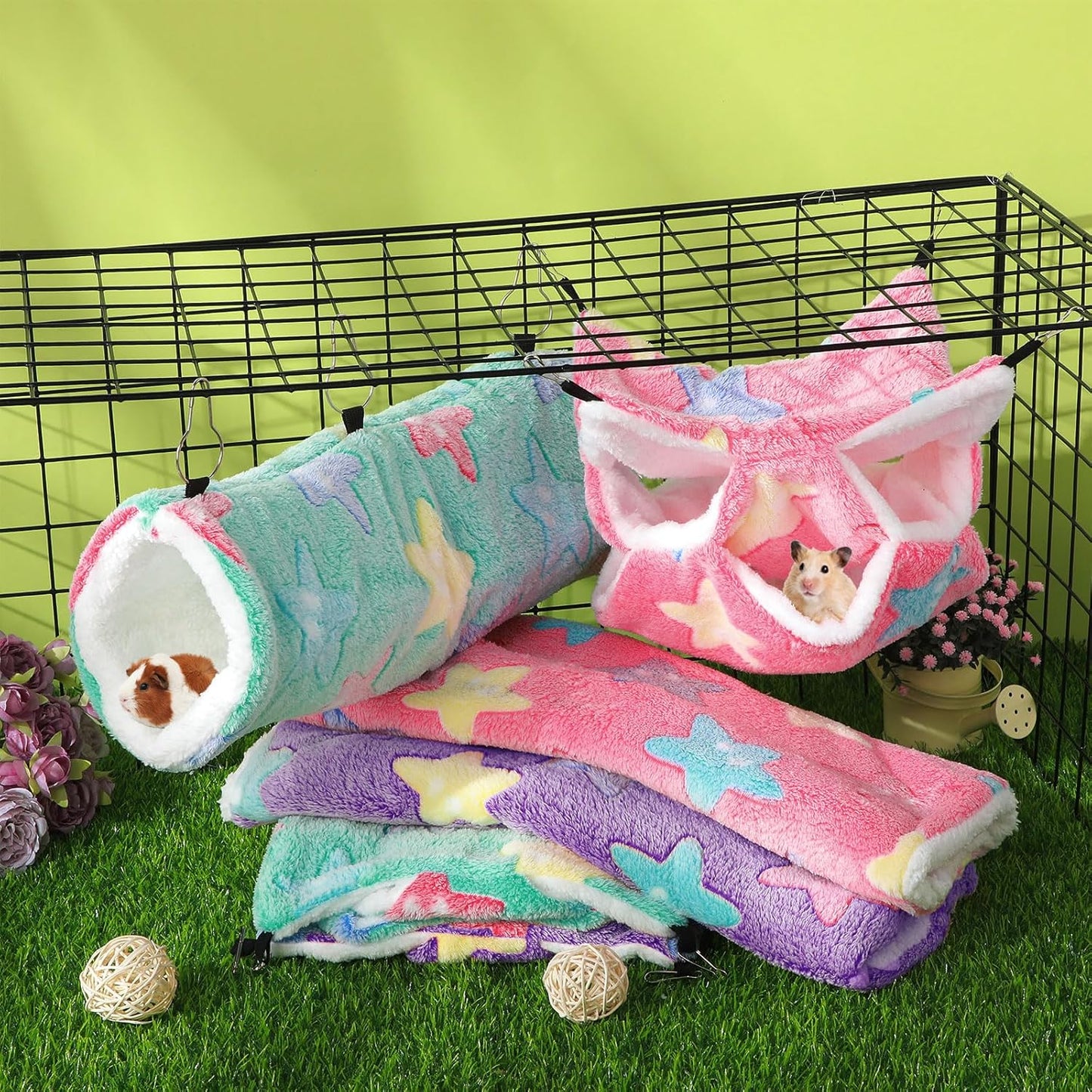 Abbylike 9 Pieces Rat Hammock 3 Tier Guinea Pig Ferret Hammocks Small Pet Hanging Tunnel Glider Toy Guinea Pig Ferret Hideout Bed Cage Accessories for Hamster(Green, Purple, Pink,Star)