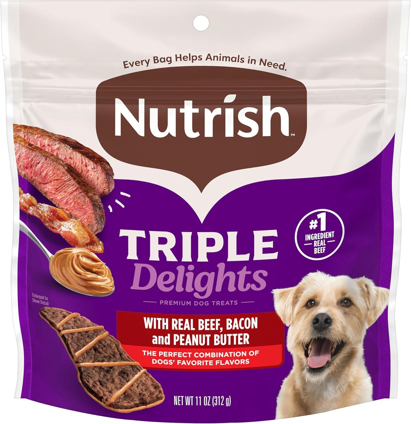 Nutrish Triple Delights Premium Dog Treats with Real Beef, Bacon, and Peanut Butter, 11 oz. Pouch, Pack of 4