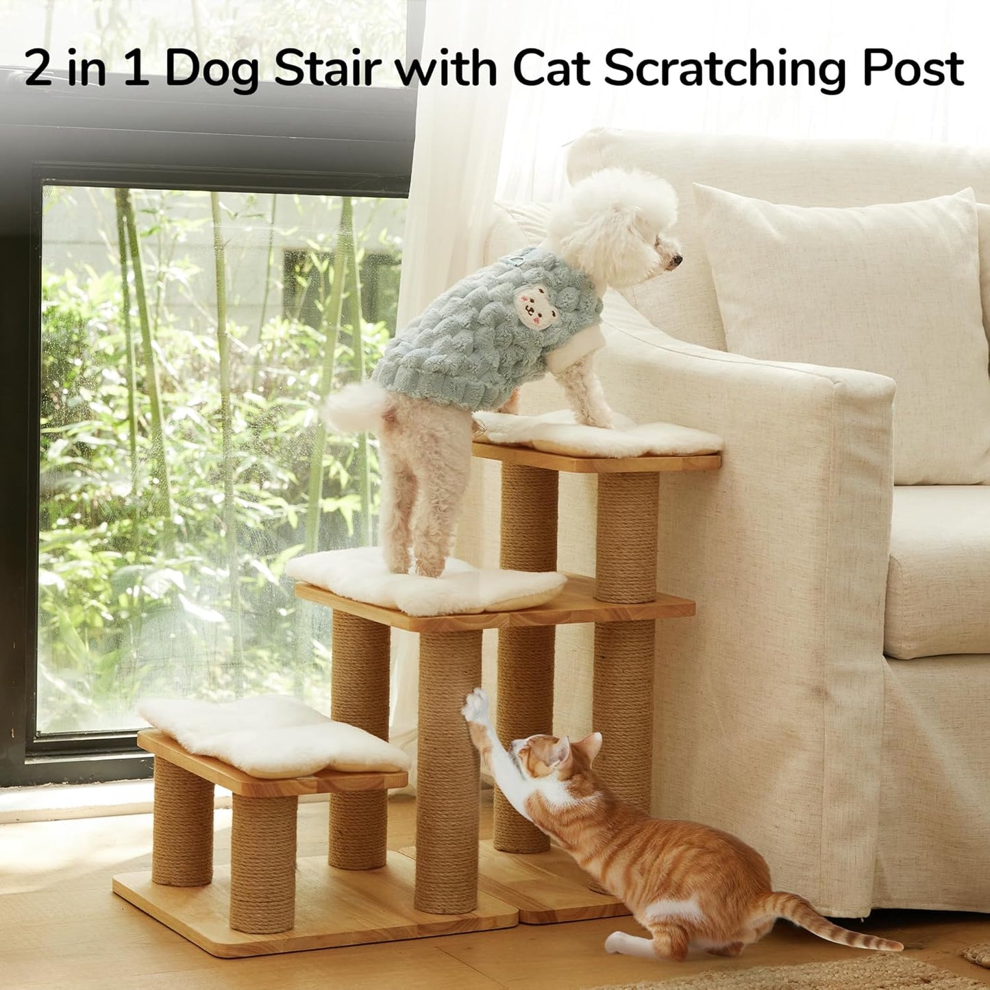FUKUMARU Dog Stairs, Solid Wood Pet Stairs with Cat Scratching Post, Transformable Cat Ramp Can Hold Up to 200 lbs, 20 Inch Pet Steps for Dogs and Cats to Climb High Bed and Couch, Over 6 Combinations