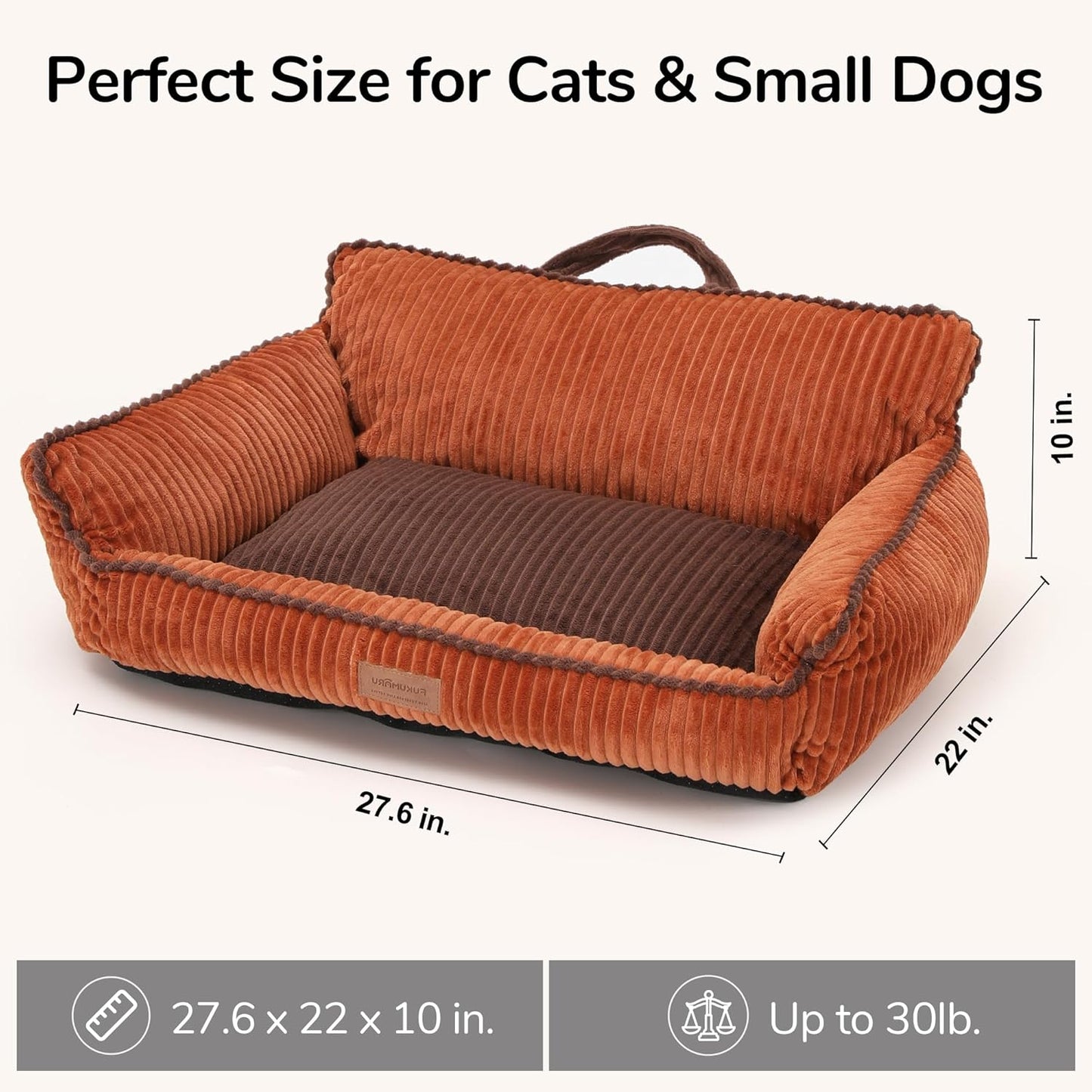 FUKUMARU Cat Couch Bed, Fluffy Corduroy Cat Beds for Indoor Cats with Washable Cover, Waterproof Small Dog Sofa Beds with Portable Handle and Anti-Slip Bottom, Pet Beds & Furniture 28inch, Orange
