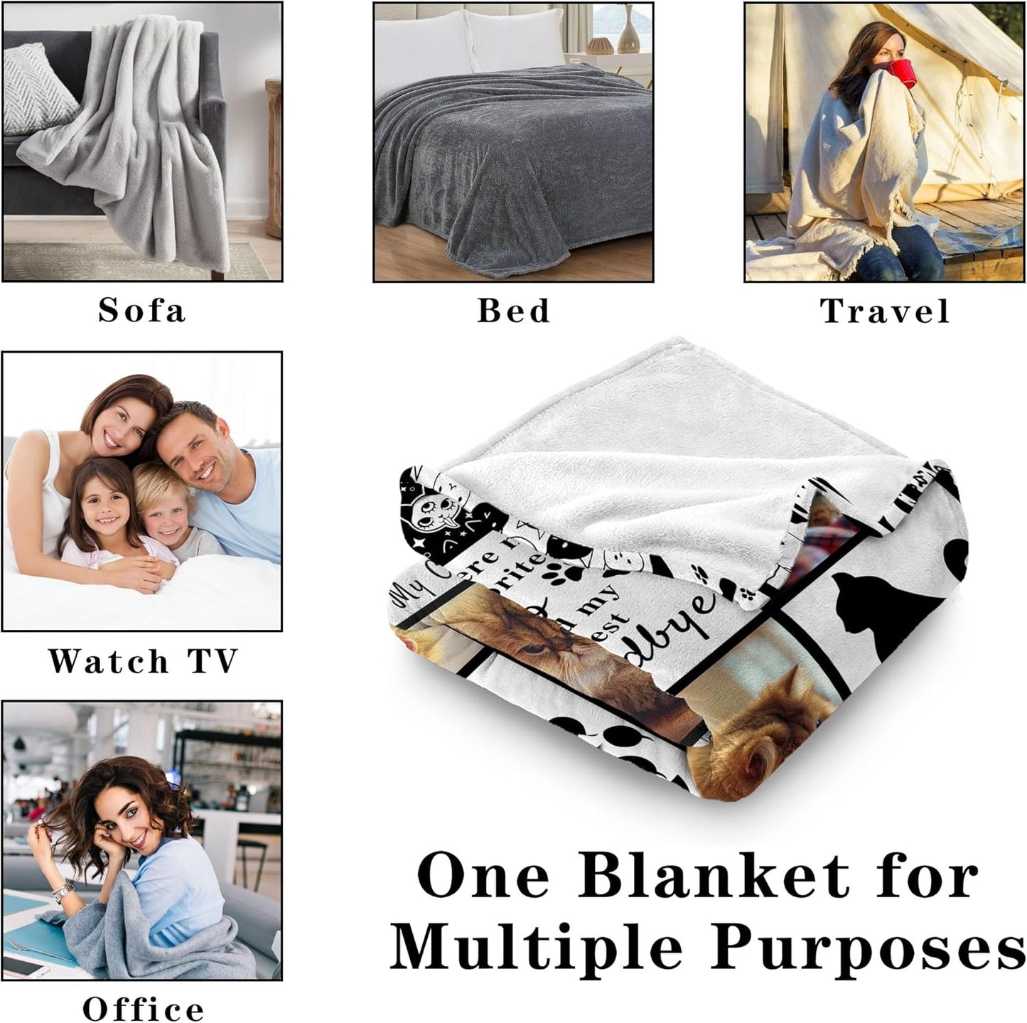 Funny DIY Custom Pet Blanket - Photo Text & Picture Collage, Personalized Cat Memorial Gift Pet Memorial Blanket Pets Memorials Gifts for Cats Loss Sympathy Gift Bereavement Remembrance