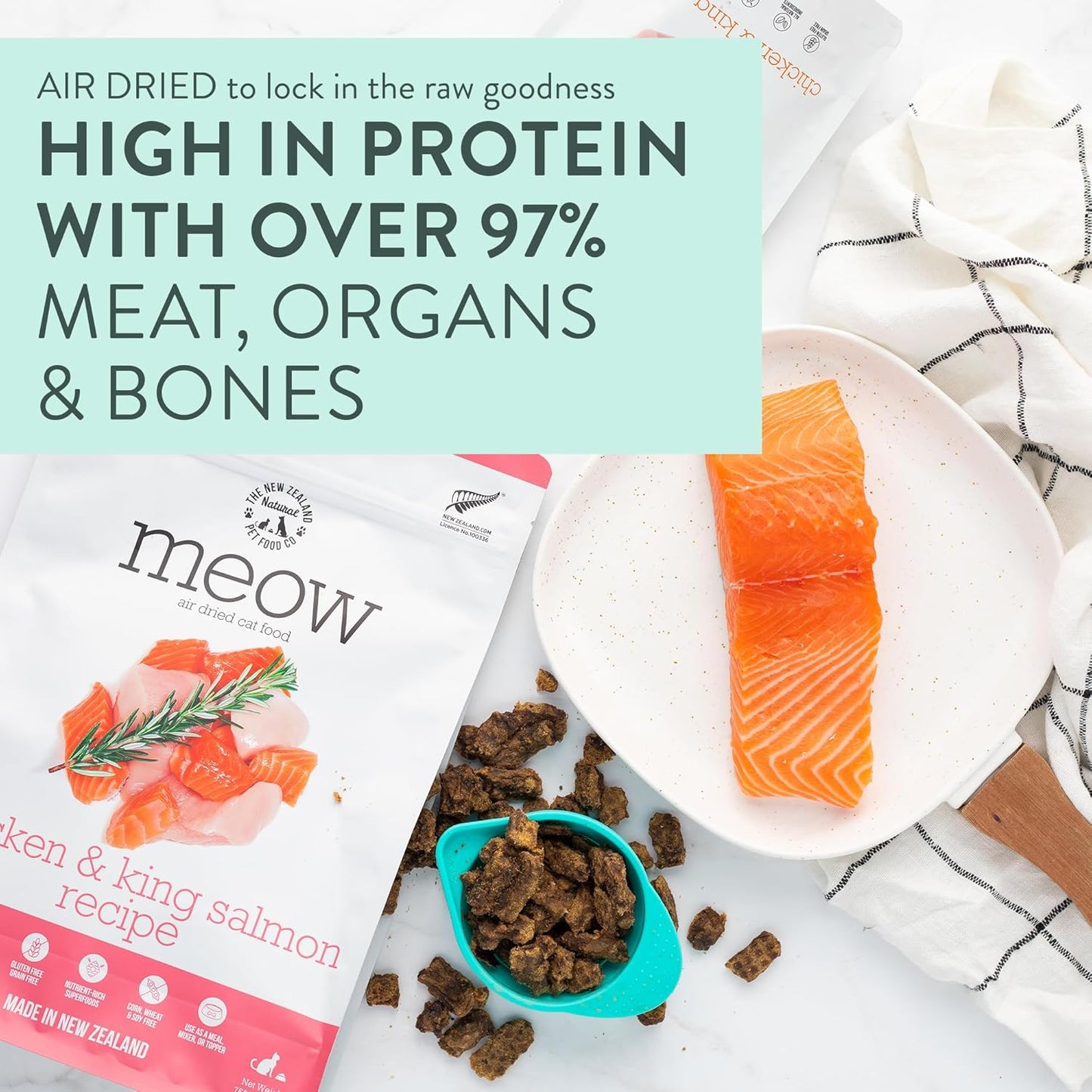 The New Zealand Natural Pet Food Co Meow Air Dried Cat Food - Chicken & King Salmon Recipe, Dry Cat Food, High Protein Meals, Treats & Toppers,26.5 oz
