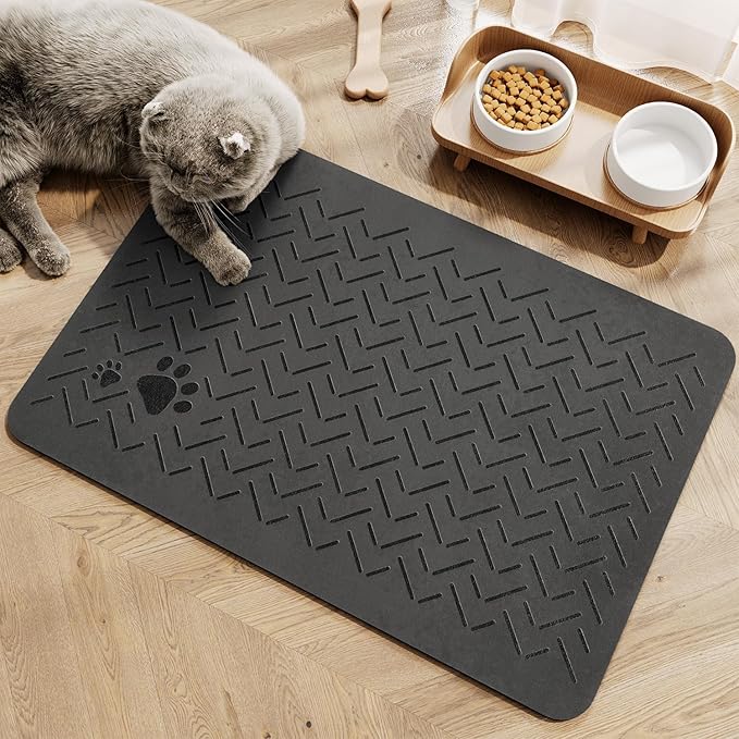MontVoo-Absorbent Pet Feeding Mat-No Stains Quick Dry Dog Mat for Food and Water Bowl-Rubber Backing Dispenser Mat Accessories Supplies-Dog Bowl Messy Drinkers,Dark Grey